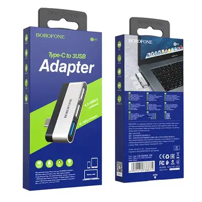borofone adaptador hub dh1 usb usb 3 0 2x usb 2 0 carcasa aluminio ultra ligero 13g y plug play